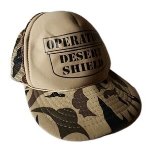 Vintage 90s Operation Desert Shield Trucker Hat Snapback Camo Military